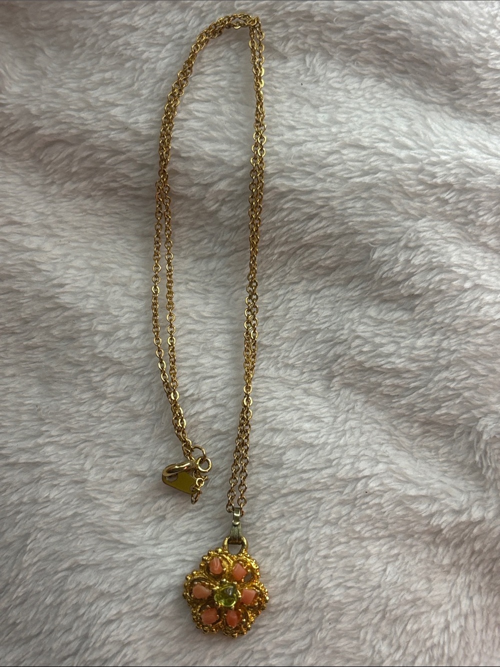 Gold-Tone Floral Pendant Necklace with Peach and Green Accents